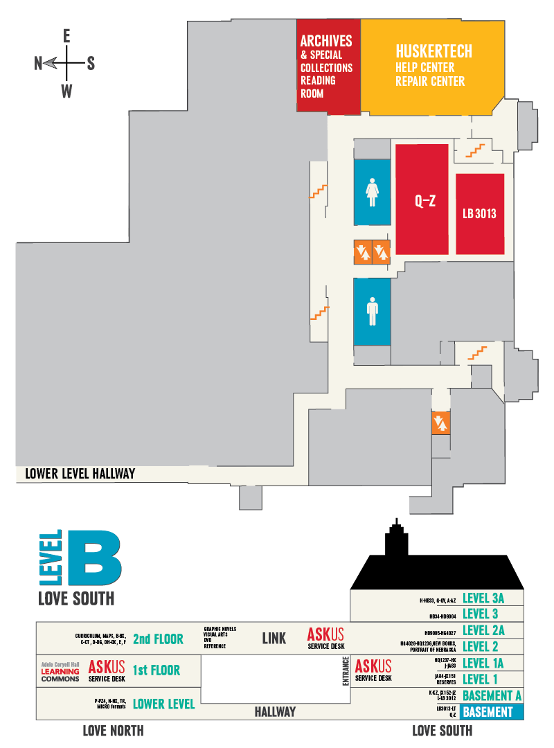 map of Level B in Love Library South
