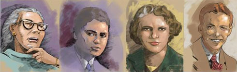 Heavily stylized paintings of four people side-by-side