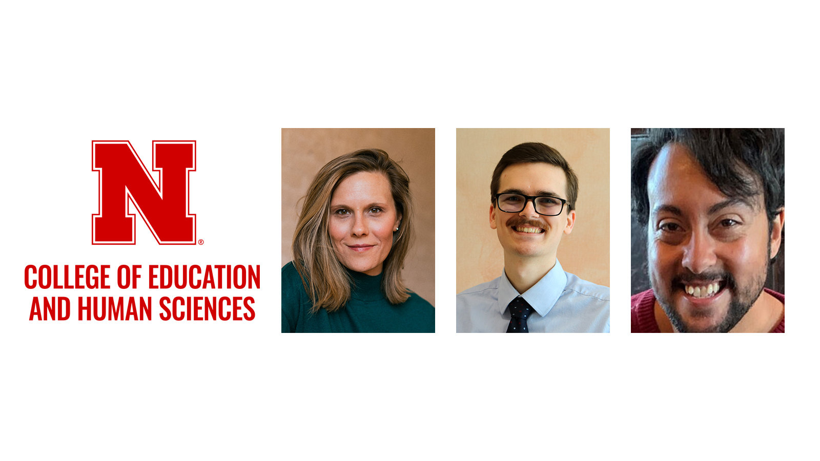 white background with red College of Education and Human Sciences lockup and headshots of Sarah Rasby, Austin Spoor and Jacob Vargas