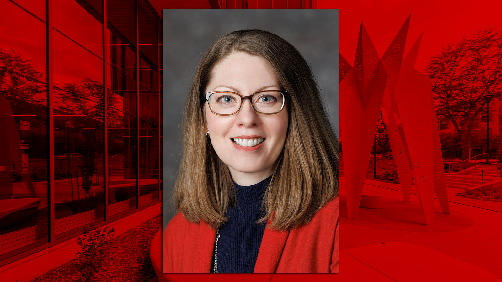 Lisa Franzen-Castle headshot over a background image of Carolyn Pope Edwards Hall with a red overlay