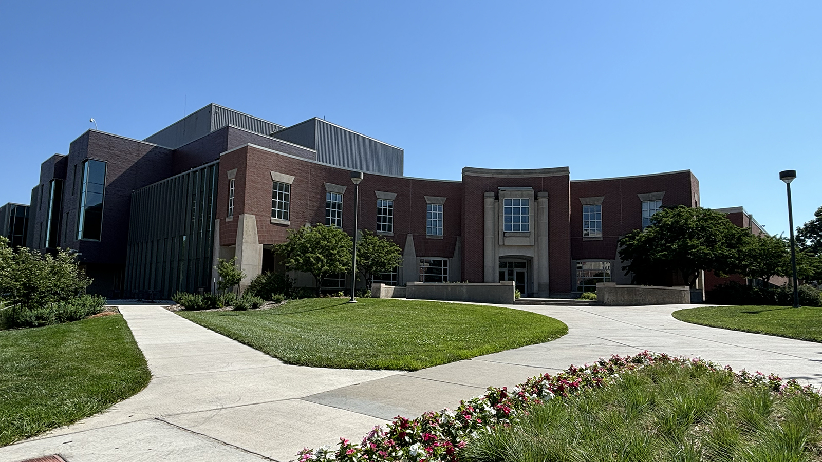 exterior photo from corner of 14th and Vine Streets facing Teachers College Hall and Carolyn Pope Edwards Hall