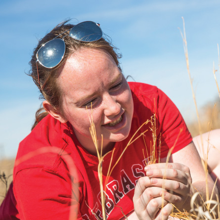 student inspecting grasses in field