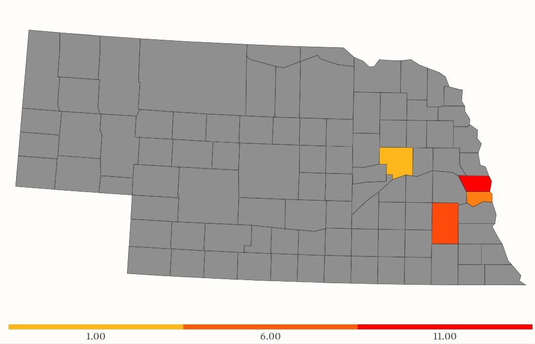 map of range of asian jumping worms. Found in Douglas, Sarpy, Lancaster and Platte counties