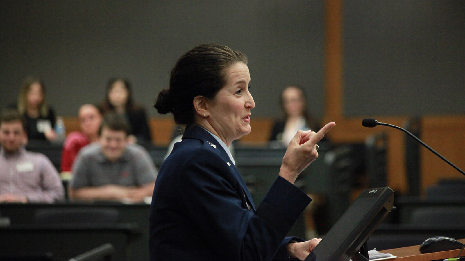 United States Space Force Lieutenant General Nina Armangno speaking at conference